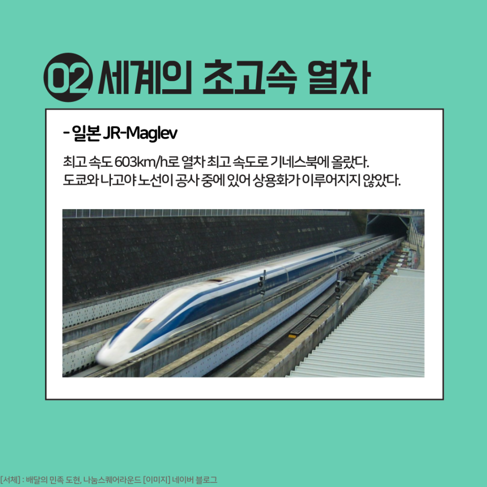일본 JR-Maglev
최고 속도 603km/h로 열차 최고 속도로 기네스북에 올랐다.
도쿄와 나고야 노선 공사중에 있어 상용화가 이루어지지 않았다